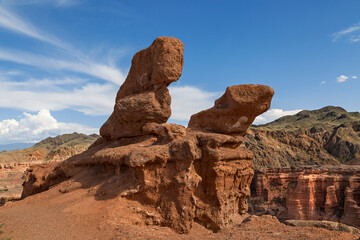 Fototapeta na wymiar Charyn Canyon with its geological rock formations in Kazakhstan