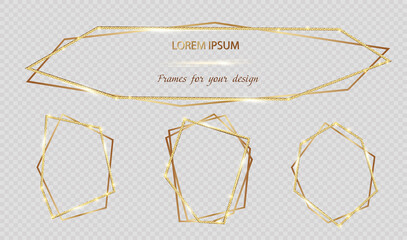 Collection of vector golden frames for your design with transparent light effects. Abstract elements isolated on background