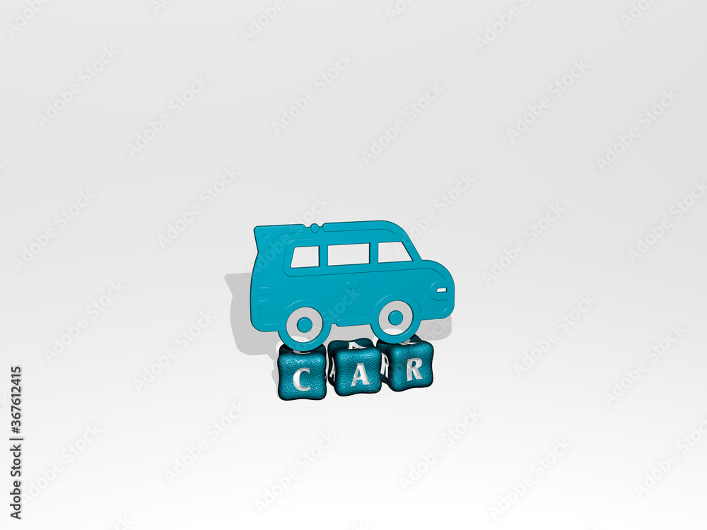 Poster 3d representation of car with icon on the wall and text arranged by metallic cubic letters on a mirr