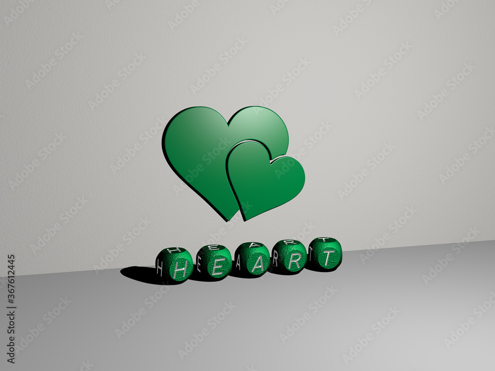 Poster 3d graphical image of heart vertically along with text built by metallic cubic letters from the top 