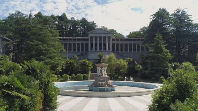 An ancient European building filmed from a drone