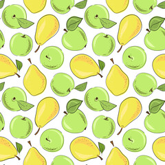 Seamlesss pattern with hand drawn cartoon style yellow pears and green apples on white background. For textile, paper, fabric. For kitchen and kids.