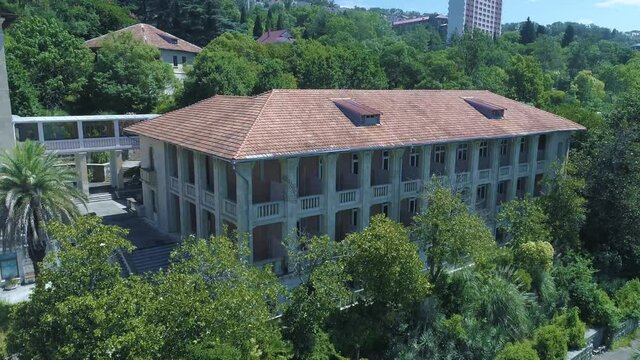 An ancient European building filmed from a drone