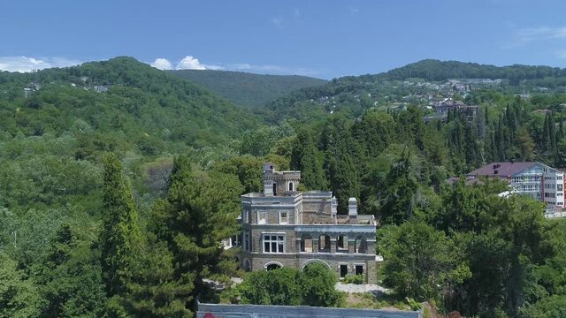 An ancient European building filmed from a drone