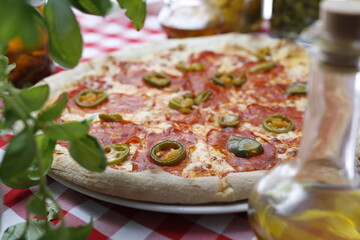 Pizza with salami, green pepper and mozzarella cheese. Italian cuisine.
Traditional Italian pizza. Suggestion to serve a dish. Food background.