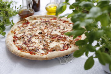 Pizza with tuna, onion, capers, and mozzarella cheese. Italian cuisine.
Traditional Italian pizza. Suggestion to serve a dish. Food background.