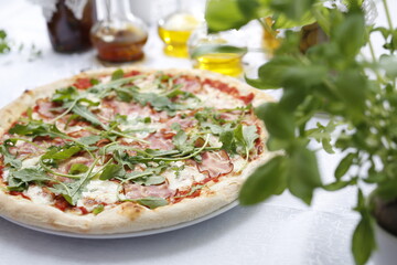 Pizza with ripening ham and arugula.
Traditional Italian pizza. Suggestion to serve a dish. Food background.