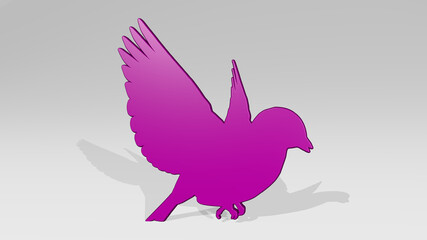 BIRD made by 3D illustration of a shiny metallic sculpture with the shadow on light background. animal and beautiful