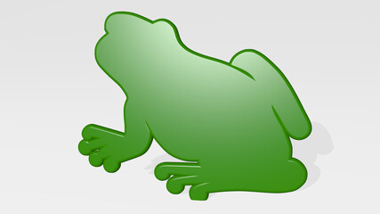 FROG made by 3D illustration of a shiny metallic sculpture with the shadow on light background. animal and amphibian