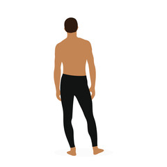 Male character in black pants stands with his back on a white background