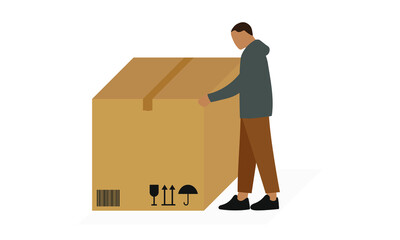 Male character and a huge cardboard box on a white background