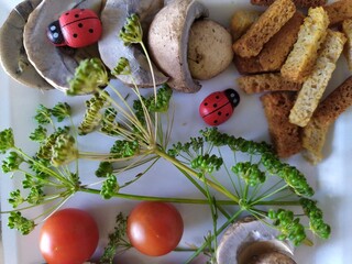 Fresh edible mushrooms red tomatoes sprigs of dill   rasks on the white plate