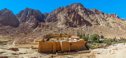 A panorama view of Mount Sinai with Saint Catherine's Monastery at the foot of the mountain in...