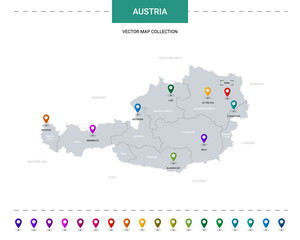 Austria map with location pointer marks. Infographic vector template, isolated on white background.