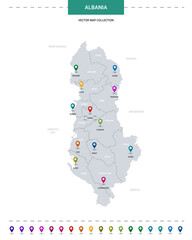 Albania map with location pointer marks. Infographic vector template, isolated on white background.