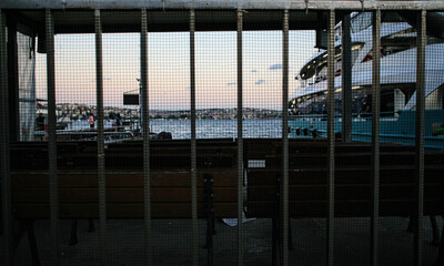 Steamboat. wire netting. sea ​​and waiting seats.