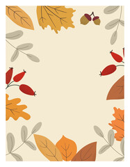 Seasonal autumn hand drawn frame vector background.Fall decorative border with dried leaves,acorns,berries and place for text.Foliage backdrop with forest leafage for social media post banner