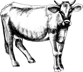 Vector white and black silhouette of a cow.