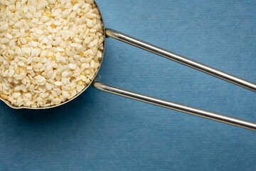 white sesame seeds in a metal measuring scoop  against blue handmade paper