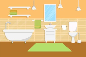 Bathroom interior with furniture in flat style stock Vector illustration. Bright, colorful composition with furniture, decorations. 