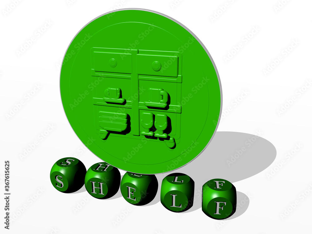 Poster 3d graphical image of shelf vertically along with text built by metallic cubic letters from the top 