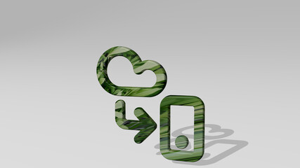 CLOUD SMARTPHONE DOWNLOAD made by 3D illustration of a shiny metallic sculpture casting shadow on light background. blue and beautiful