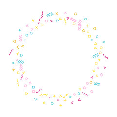 Memphis style geometric confetti background with triangle, circle, square, zigzag and wavy line