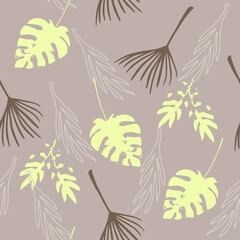 Fototapeta na wymiar Modern Tropical Vector Seamless Pattern. Painted Floral Background. Dandelion Monstera Feather Banana Leaves 