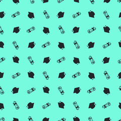 seamless vector pattern of university concept, with black graduation diploma and cap on blue background