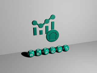 3D representation of REPORT with icon on the wall and text arranged by metallic cubic letters on a mirror floor for concept meaning and slideshow presentation. business and illustration
