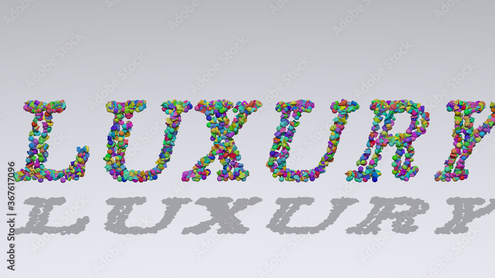 Poster luxury: 3d illustration of the text made of small objects over a white background with shadows. desi