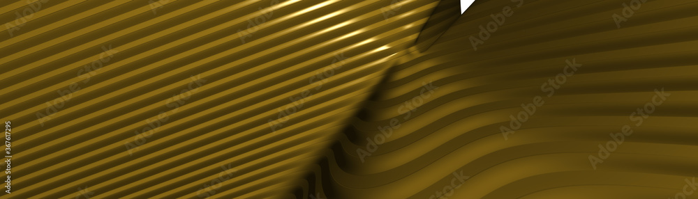 Poster ultra wide 3d abstract background of curved geometrical patterns of golden rod color with lighting a