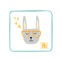 Vector illustration Hi of a cute rabbit face with glasses. Design for printing greeting card, poster, baby clothes, fabric