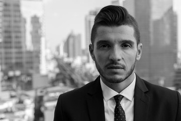 Handsome bearded Hispanic businessman against view of the city