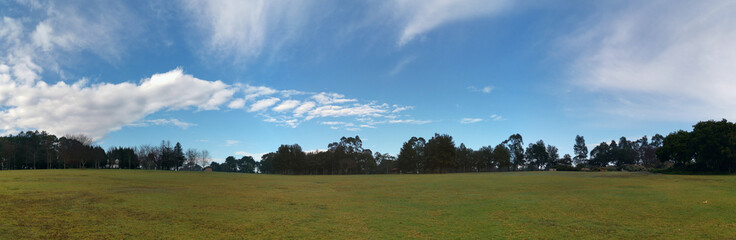 Morning panoramic view of a beautiful park with green grass, tall trees and blue puffy sky, Fagan park, Galston, Sydney, New South Wales, Australia