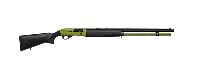 Modern black semi-automatic shotgun with olive accents isolate on a white back. Weapons for sport and hunting.