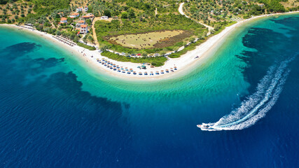 Fototapeta premium Aerial drone photo of paradise bay and beach of Agios Dimitrios with amazing turquoise clear sea, Alonissos island, Sporades, Greece