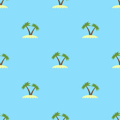 Fototapeta na wymiar Seamless pattern with coconut pulms on iselands in the ocean. Tropical pattern illustration for poster, banner, fabric.