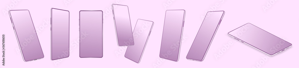 Leinwandbilder violet pink smartphone mockup set. realistic mobile phone gadget with blank screen device. mockups i