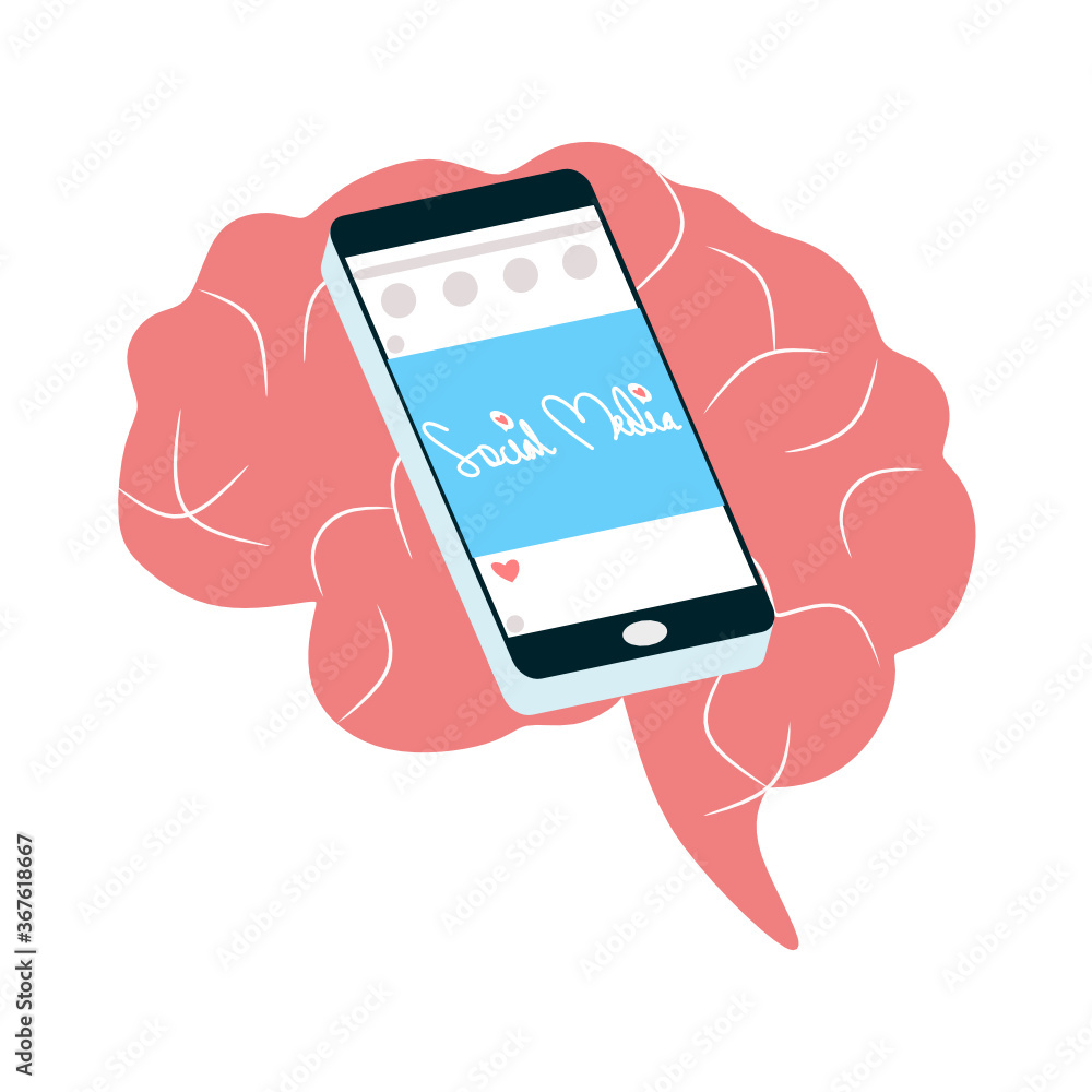 Poster modern brain link connected point with social media on smartphone vector. digital human brain. abstr