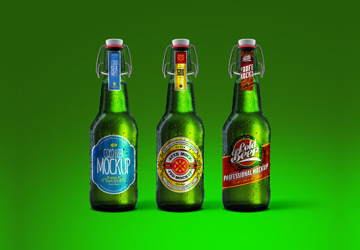 Cold Beer Green Bottle Mockup Set