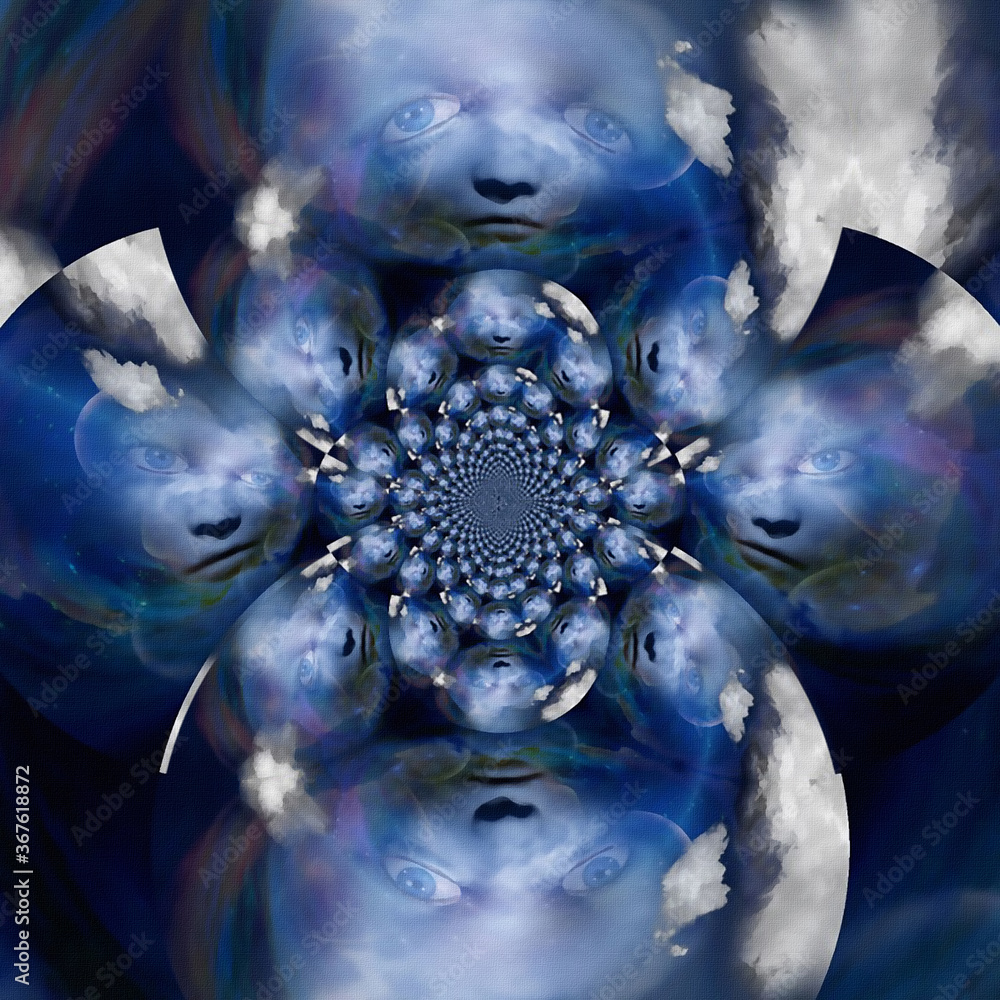 Poster ghosts faces. mirrored fractal. 3d rendering