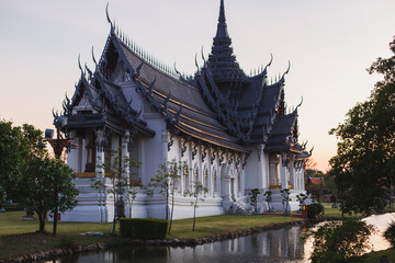 MUEANG BORAN, ANCIENT SIAM (ANCIENT CITY), SAMUT PRAKAN PROVINCE, BANGKOK, THAILAND - March 19, 2017 : Sanphet Prasat Palace at sunset, historical park museum Muang Boran