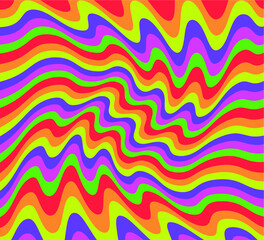 1960s Hippie Wallpaper Design. Trippy Glitchy Background for Psychedelic 60s-70s Parties with Bright Acid Rainbow Colors and Groovy Geometric Wavy Pattern.