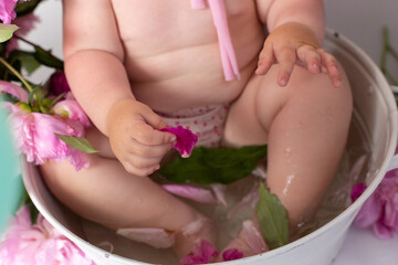 children's pen and peony flower. the child's hand near the flower. the flowers are pink peonies