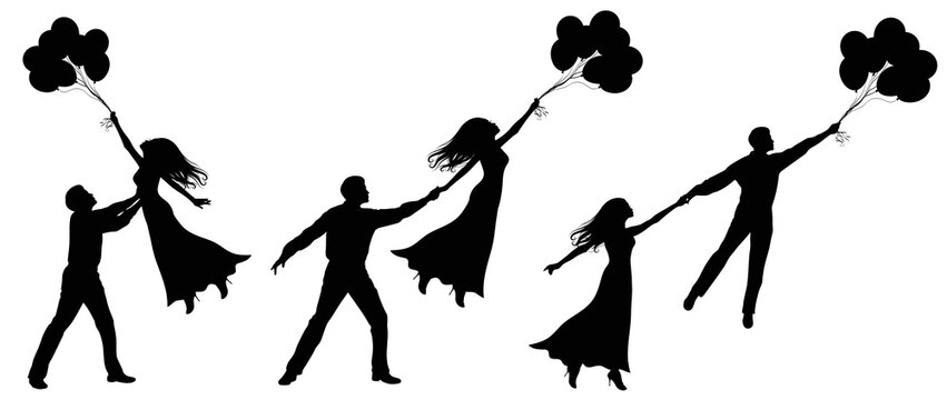 Set of silhouettes of a couple with balloons. 