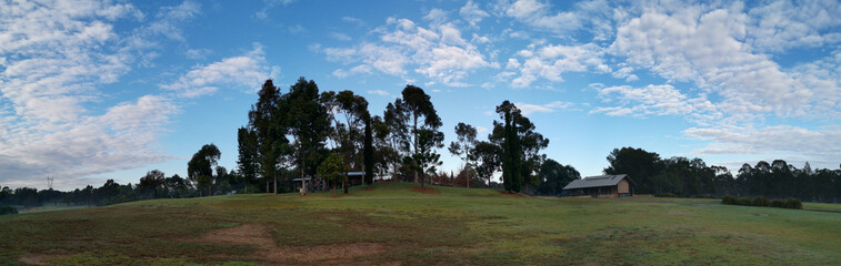 Fototapeta premium Morning panoramic view of a beautiful park with green grass, tall trees and blue puffy sky, Fagan park, Galston, Sydney, New South Wales, Australia