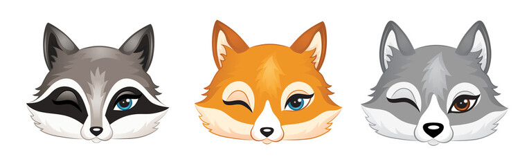 Heads of a cute animals winking. Isolated on white.