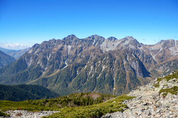 夏の青空、蝶ヶ岳から一望した、北アルプスを南北に走る高低差激しい稜線（明神岳、穂高連峰、前穂高岳、奥穂高岳、北穂高岳、大キレット、南岳）と青空。The skyline of Hotaka mountain range & Mt.Yarigatake.中部山岳国立公園。