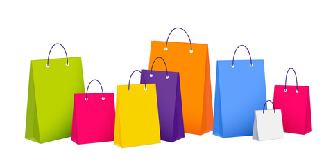 Realistic colorful paper shopping bag set isolated on white background. Online e-commerce concept., Web templates. Flat design vector illustration.
